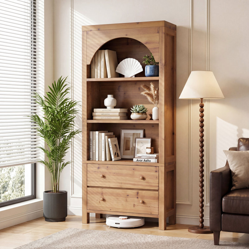 3-Shelf Solid Wood Bookcase with Drawers