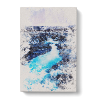 Winter Waterfall In Iceland Watercolour - Wrapped Canvas Print