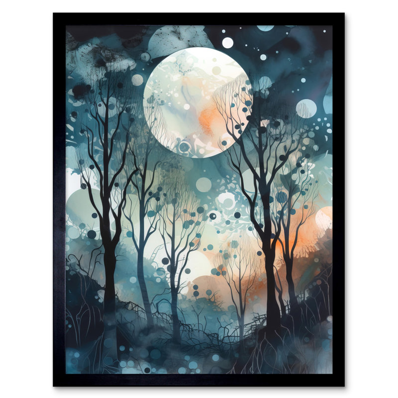 Deverel Full Moon Winter Forest Landscape Snowfall Over Trees At Night - Single Picture Frame Print