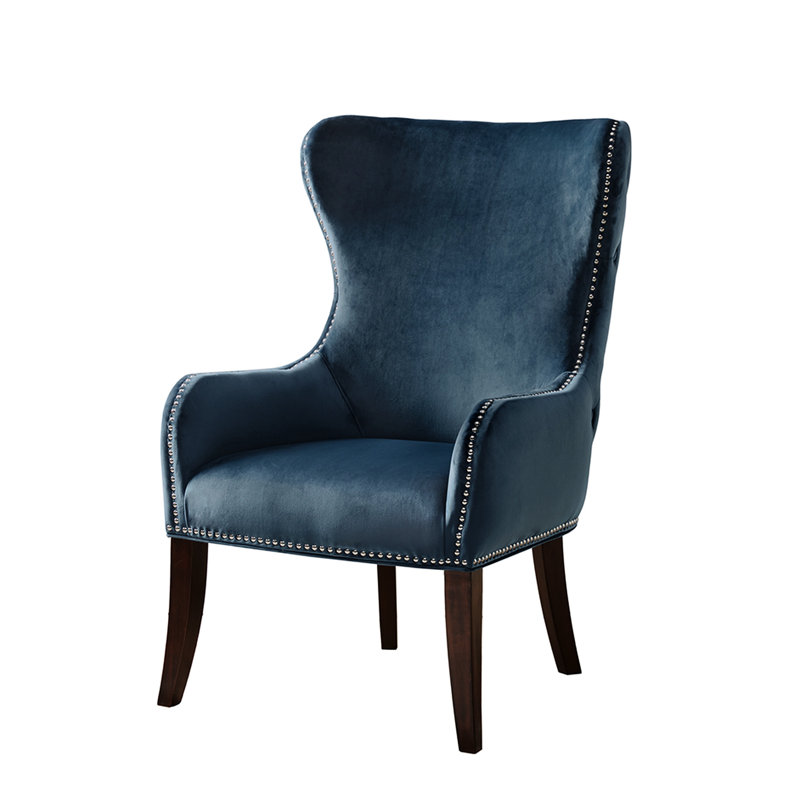 Fauteuil à oreilles bleu capitonné avec pattes en bois - accoudoirs de couleur assortie