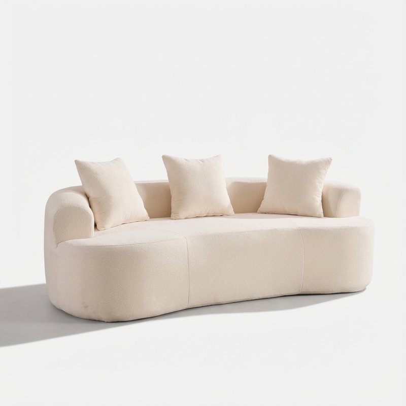 Canapé moderne à dossier bas en forme de croissant à trois places avec coussins profonds et mousse auto-gonflante, revêtu de tissu chenille doux