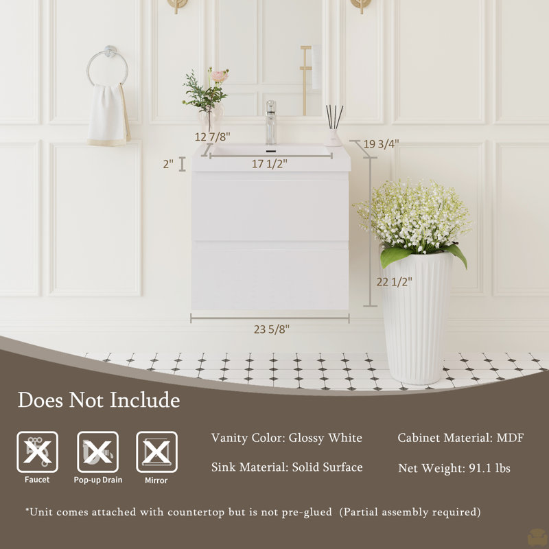 Meuble-lavabo flottant 24 po avec lavabo, meuble-lavabo mural avec lavabo à surface solide et tiroirs à fermeture en douceur 24 po