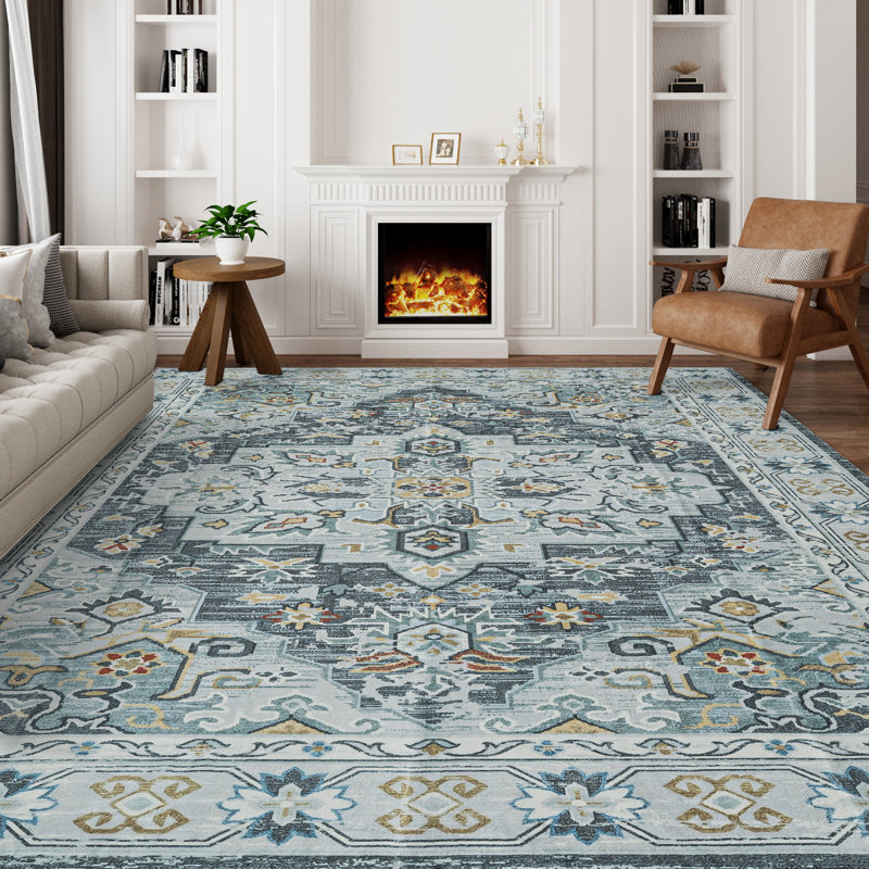 Oriental Non-Slip Machine Washable Area Rug in Grey/Yellow/Cream for Living Room, Bedroom, Hallway Runner Indoor Rugs