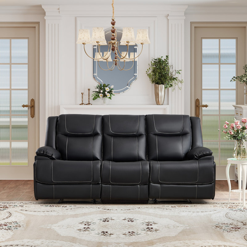 Elegant Modern Overstuffed Manual Premium Genuine Leather Triple Seater Recliner Sofa, Black