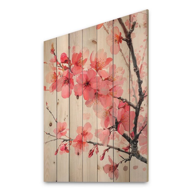 «Pink Cherry Blossoms Summer Embrace I», impression sur bois de cerisier en fleurs sur bois de pin naturel