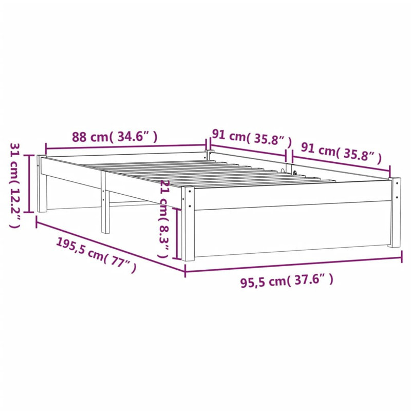 Bed Frame Solid Wood, white, Single (3')