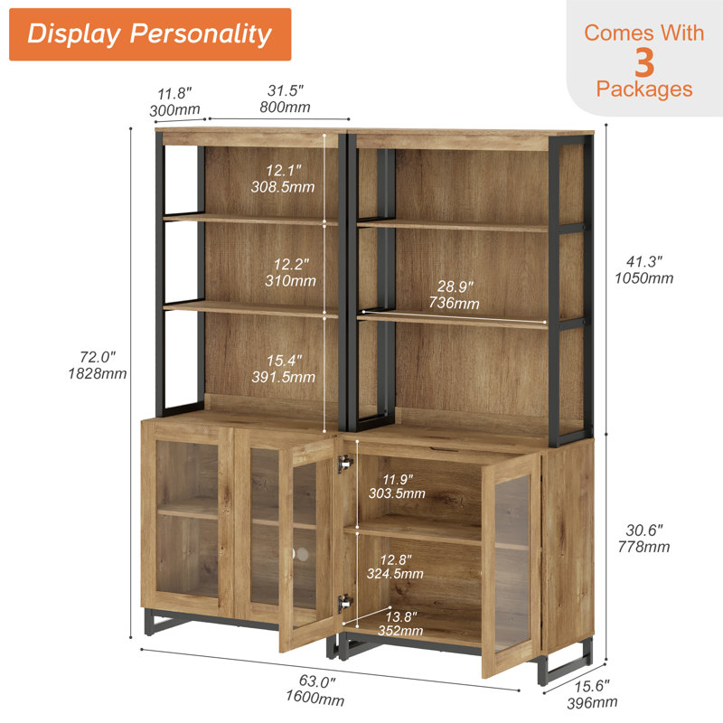 2PCS Modern 72" Sideboard With Glass Doors And Adjustable Shelves, Multifunctional Buffet Cabinet With Storage And Open Shelves For Dining Room Or Kitchen
