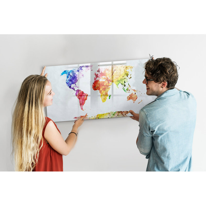 Magnetic Memo Board Whiteboard - 120 x 60 cm - With Marker and Magnets - Watercolor world map