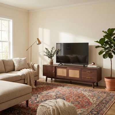 Meuble télé Mid-Century en rotin avec portes coulissantes - Meuble audio-vidéo avec 2 tiroirs et pieds en bois massif pour le salon ou la chambre à coucher