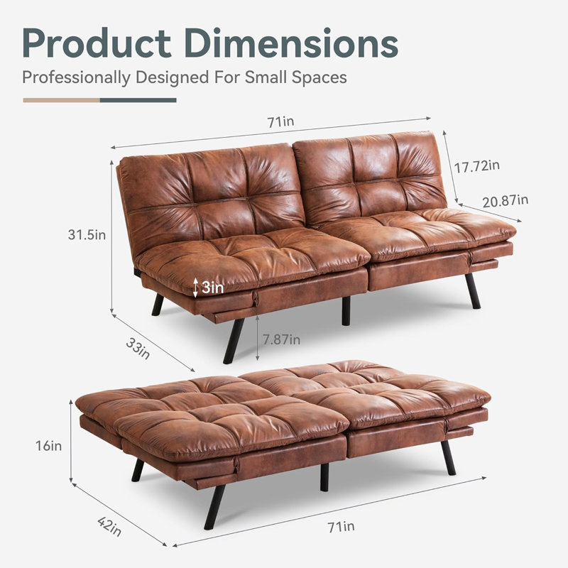 71" Faux Leather Futon Sofa Bed,Opoiar Lounge Memory Foam Sleeper Couch For Living Room,Convertible Modern Loveseat For Compact Living Spaces