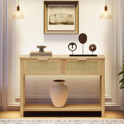Table d'entrée en rotin Zayer, console de 43 po avec tiroirs, canapé à 2 niveaux avec rangement, console en bois pour le hall d'entrée