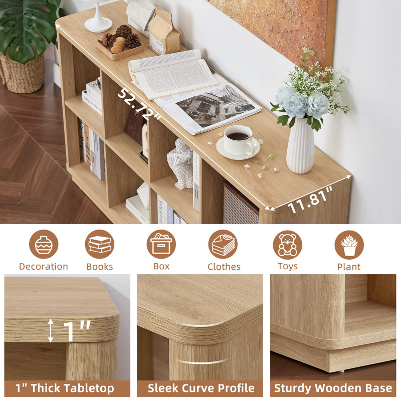 8 Cube Storage Book Shelf, 52" Long Horizontal Bookshelf with Curved Edge, Floor Standing Wooden Cubby Bookcase with Base, Modern Low Console Book Case, TV Stand for Living Room