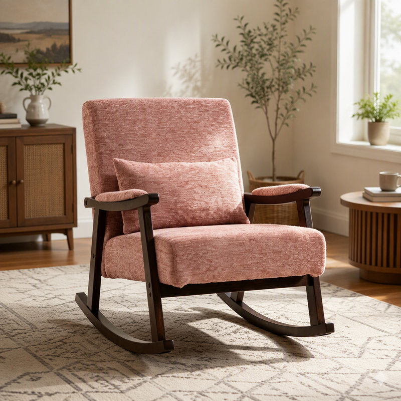Fauteuil rembourré moderne, chaise berçante avec structure en bois massif, Chenille rose