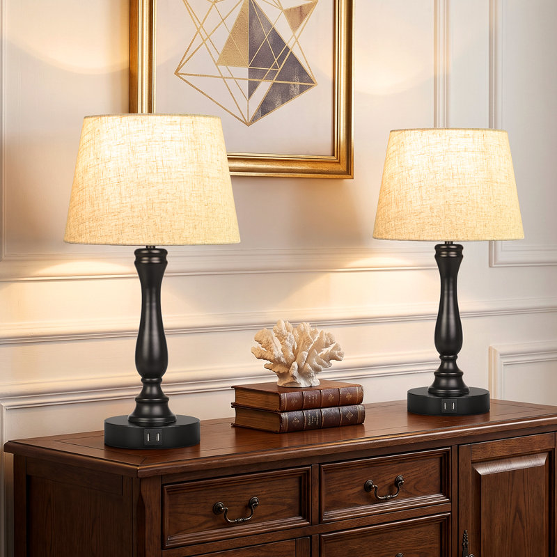 Maestas 19" Black Table Lamp with USB and Touch Control, Beige