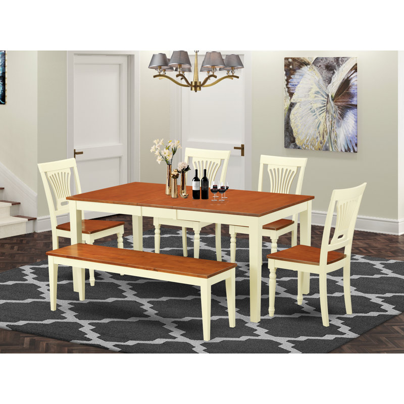 L'ensemble 6 pièces de table et chaises de cuisine comprend une table de salle à manger rectangulaire avec rallonge papillon et 4 chaises de salle à manger avec banc, babeurre et cerise