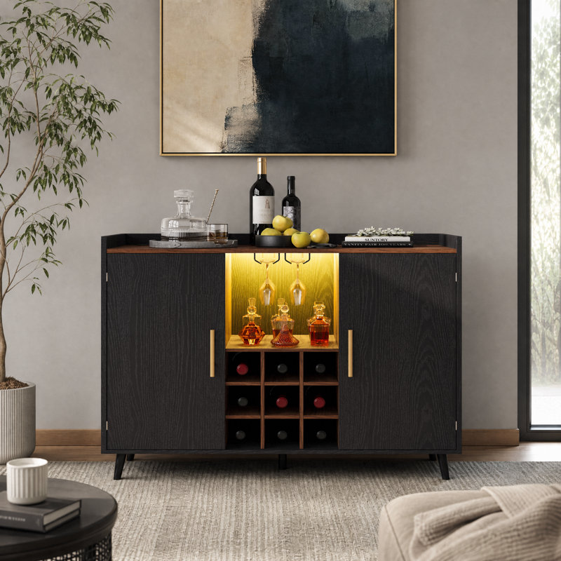 47.2" LED Lighted Coffee Bar Wine Cabinet with 9 Wine Rack, Adjustable Shelves, Glass Holder - Modern Home Liquor Bar Cabinet for Kitchen & Living Room