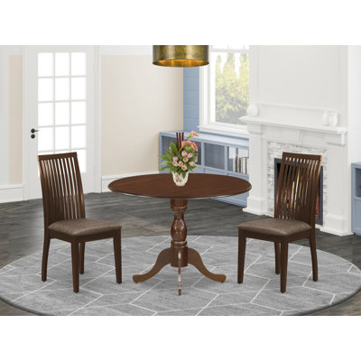 3 Piece Dining Set Contains a Round Dining Room Table with Dropleaf and 2 Linen Fabric Upholstered Chairs, 42x42 Inch, Mahogany