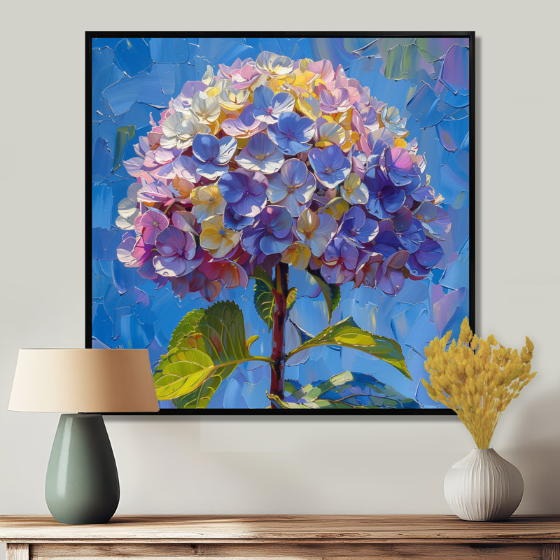Décoration murale hortensia mauve et jaune, H 16 po x l 16 po, Cadre flottant noir