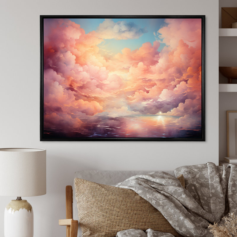 «Peach Sky Astral Symphony I» sur toile, H 24 po x l 32 po x P 1 po, Cadre flottant noir