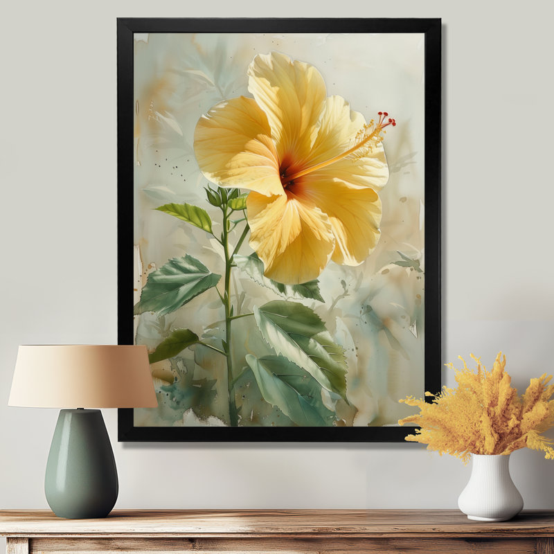 Yellow Spring Hibiscus Bloom - Hibiscus Wall Decor, 34" H x 44" W, Black Single Picture Framed