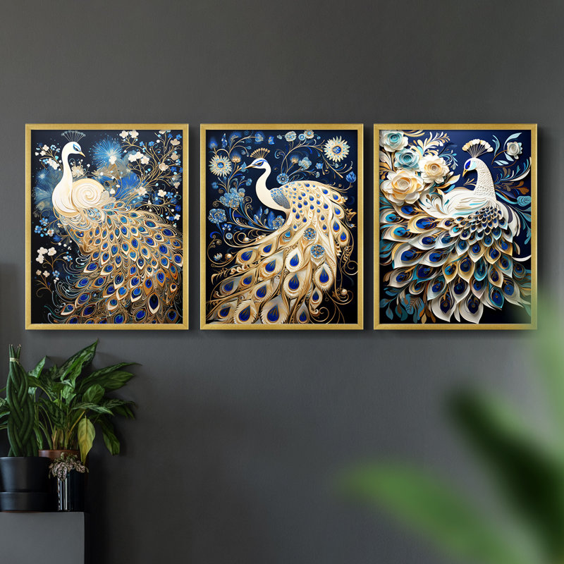 Série Peakcock Lxxiv - ensemble de 3 estampes numériques encadrées - prêt à être accroché, H 10 po x l 8 po, Gold Framed