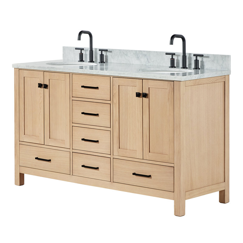 Flynt 61'' Double Bathroom Vanity with Carrara Marble Top, Oak
