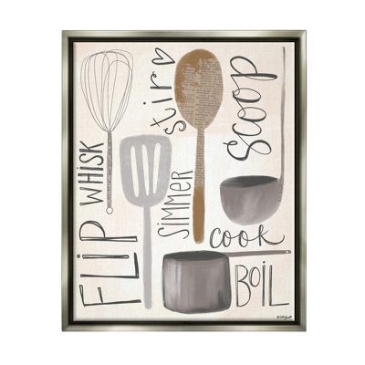 Flip Whisk Simmer and Stir Kitchen Spoons and Utensils Luster Gray Framed Floating Canvas Wall Art by Katie Doucette