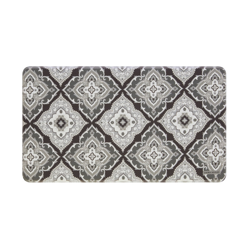 Gray Floral Motif Anti-Fatigue Kitchen Mat