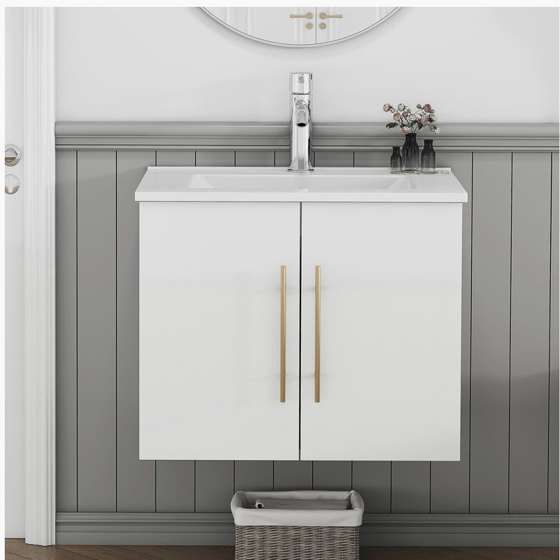 24-Inch Wall-Mounted Bathroom Vanity with Sink Combo,Double Doors,Soft Close Hinges, Ceramic Basin,Easy Assemble,Gold Metal Long Handle,Storage Space,Glossy White