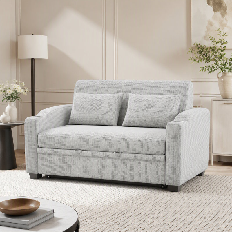 61.6" Pull Out Sofa Bed Modern Chenille Convertible Loveseat Sofa With Adjsutable Backrest, 2 Pillows, Cup Holders, USB Ports For Living Room, Apartment(Old SKU:WF307725AAK), White Gray