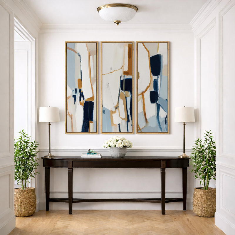 Art contemporain abstrait géométrique, photos de salon moderne bleu beige, impression sur toile encadrée, 3 pièces