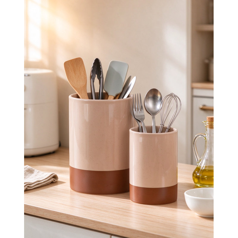 Ensemble de pots à ustensiles en céramique pour comptoir, style champêtre, organisateur d'ustensiles de cuisine polyvalent, rangement robuste en céramique pour spatules, cuillères et plus encore.