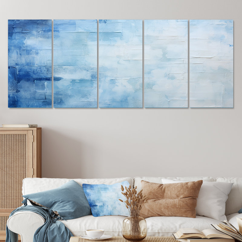 «White and Blue Scandinavian Tiles IV - Boho Mosaic», art mural 5 pièces pour le salon, H 32 po x l 80 po