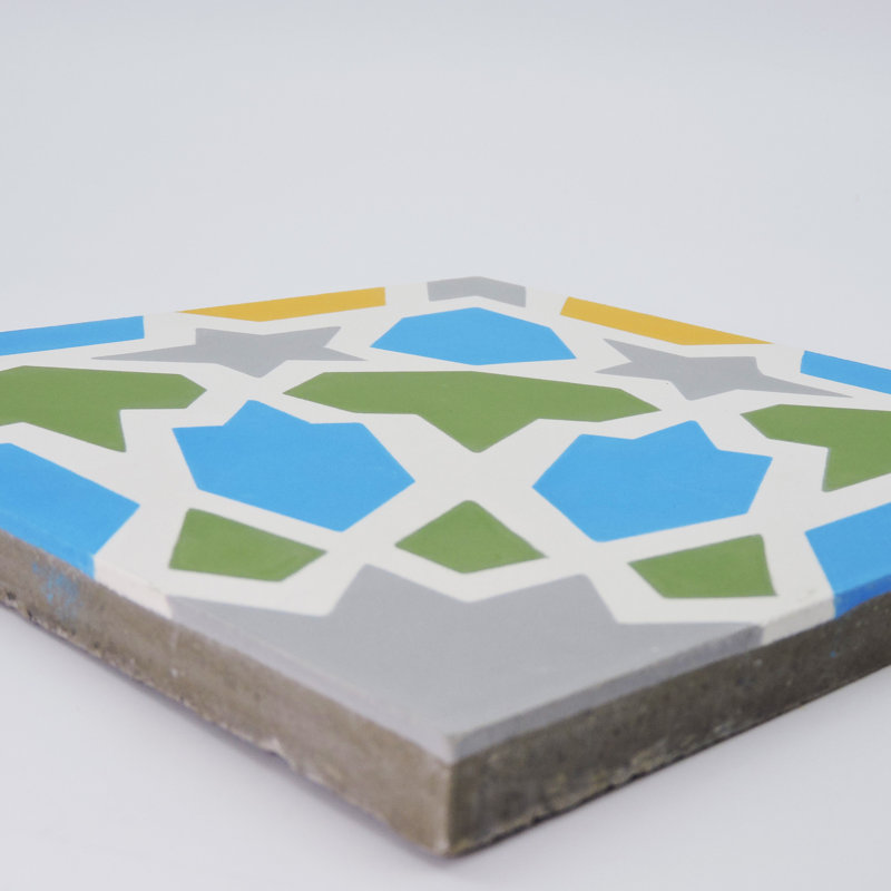 Bahja 8" x 8" Cement Patterned Wall & Floor Tile, Yellow/Green/Light Blue