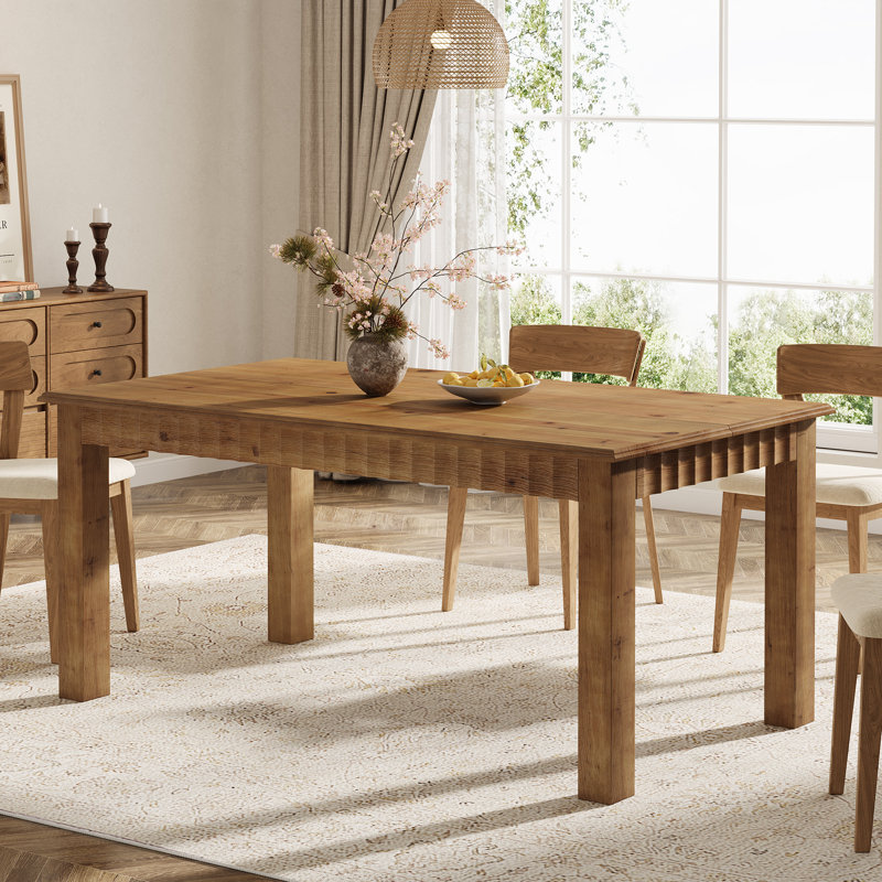 Solid Wood Dining Table For 6, 63 Inch Farmhouse Kitchen Table With  Fluting Details, Brown