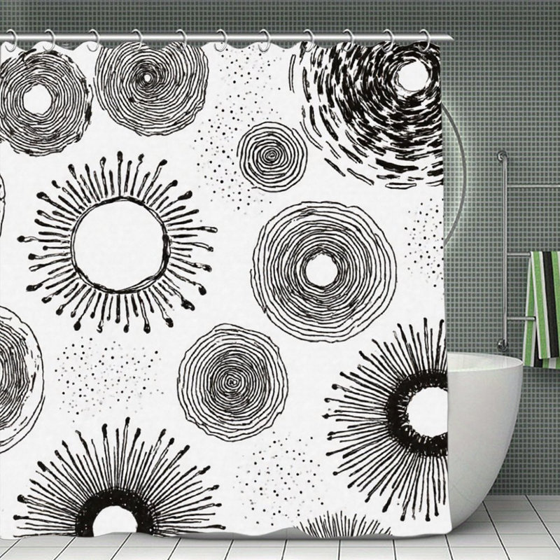 Rideaux de douche noirs et blancs dessinés à la main, 71 x 71