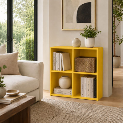 Modern 4 Cube Storage Organizer Bookcase with Open Shelves, Stackable Cubby & Compact Display Shelf for Living Room, Bedroom, Kids Room, or Home Office – Yellow