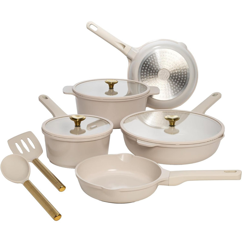 Batterie de cuisine antiadhésive en aluminium 10 pièces, Crème