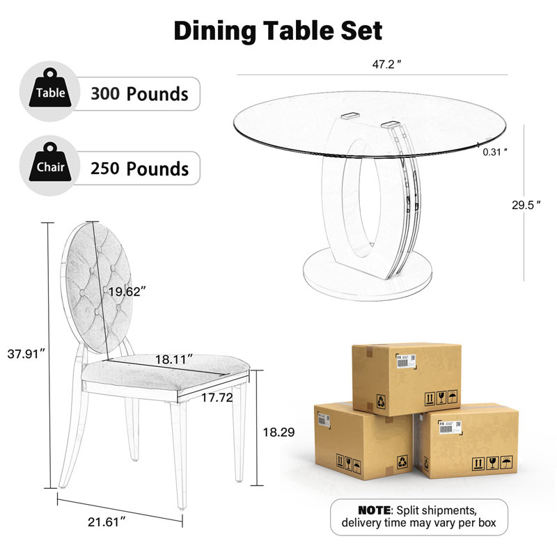 Modern Round Tempered Glass Pedestal Dining Set with Velvet Tufted Dininig Chair, Black/Gold, White/Gold