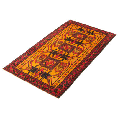 Tapis orange en laine noué à la main Baluch de conception unique 3 pi 6 po x 6 pi 4 po