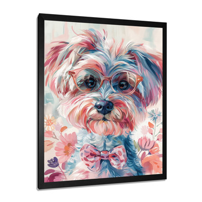 Pink Grey Curious Shih Tzu With Glasses I - Dog Wall Art Print