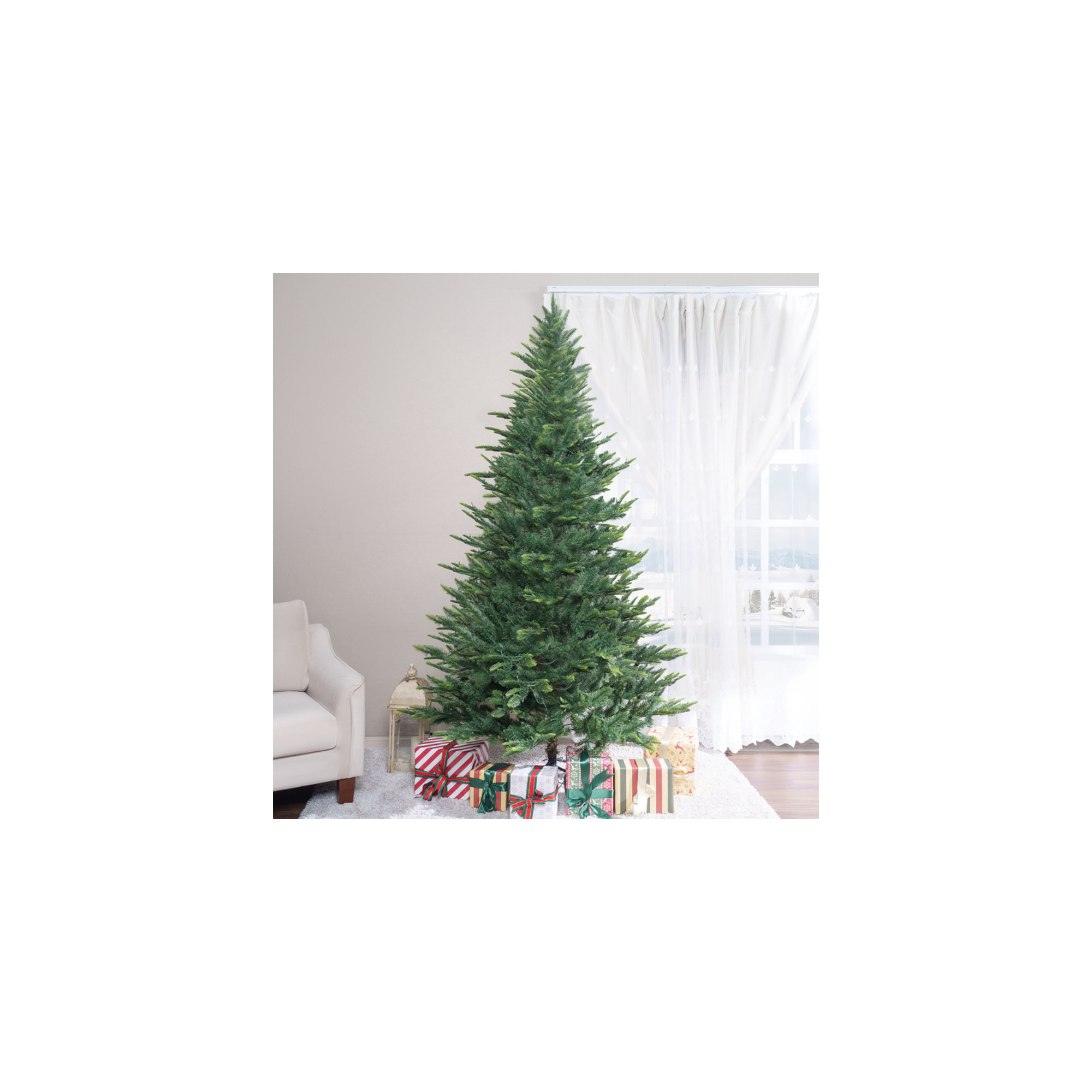 Realistic Prague Prelit Artificial Christmas Tree with 550 Warm Lights, 1717 Tips, Foot Pedal, and Metal Stand – Full Spruce Tree by Naomi Home in 4.5 ft, 6.5 ft, and 7.5 ft Sizes