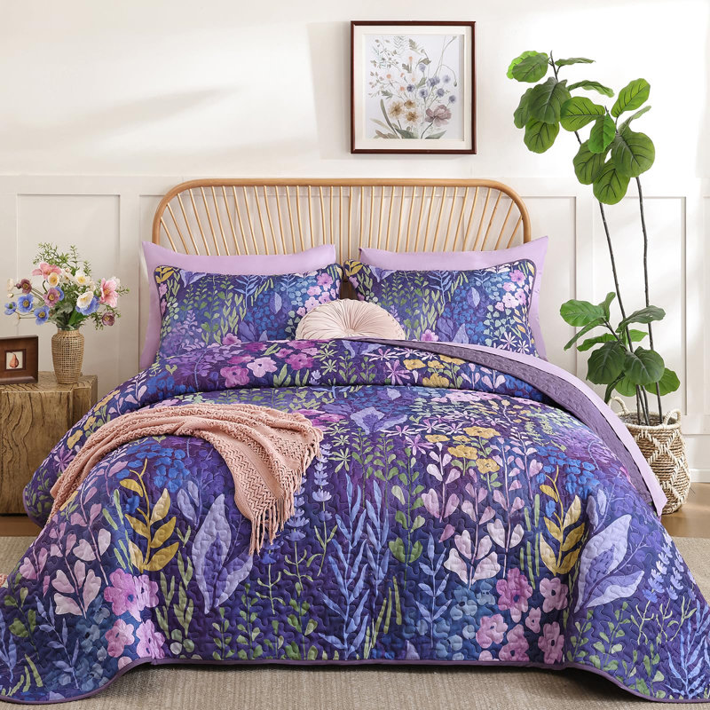 Ensemble de courtepointe 3 pièces à motif floral en microfibre douce et légère toutes saisons, Mauve foncé