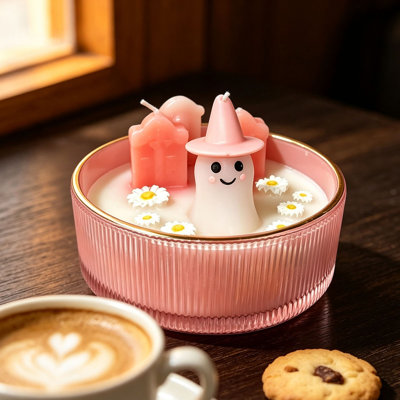 Décoration d'Halloween : Bougie parfumée fantôme à plusieurs mèches dans un bol en verre côtelé avec chapeau de sorcière et pierre tombale fantôme. Décoration pour la maison ou la table. Cadeau d'Halloween pour femme.