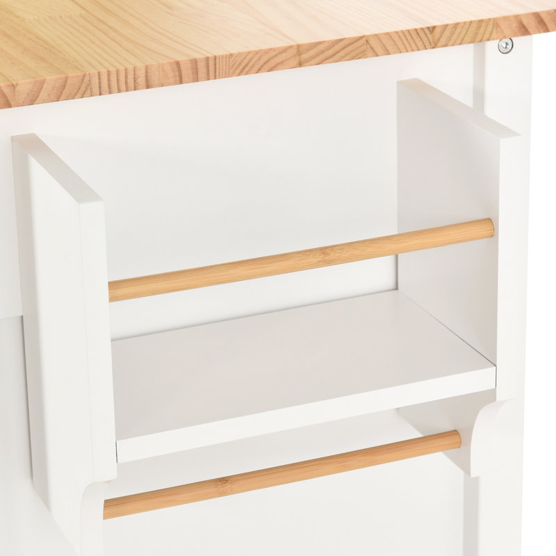 Kitchen Island Cart - White, Solid Wood Platform For Work, 4 Door Cabinet, 2 Drawers, Spice & Towel Rack, Locking Wheel Setup Worktop, Feature