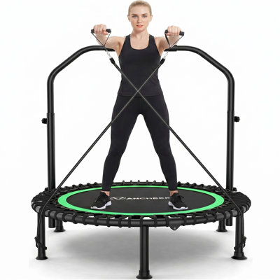 Mini-trampoline pliable 48 po, charge intérieure maximale de 550 lb, trampoline d'intérieur à 4 niveaux avec poignées en mousse réglables et bandes de résistance, trampoline d'exercice pour adultes pour la maison, le jardin et le gymnase