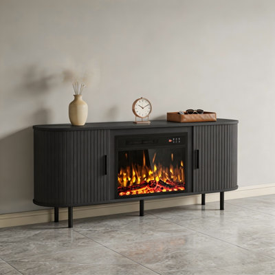 Meuble télé 65 po avec cheminée coulissante moderne pour téléviseur de 75 po ou moins et portes coulissantes avec tablettes réglables