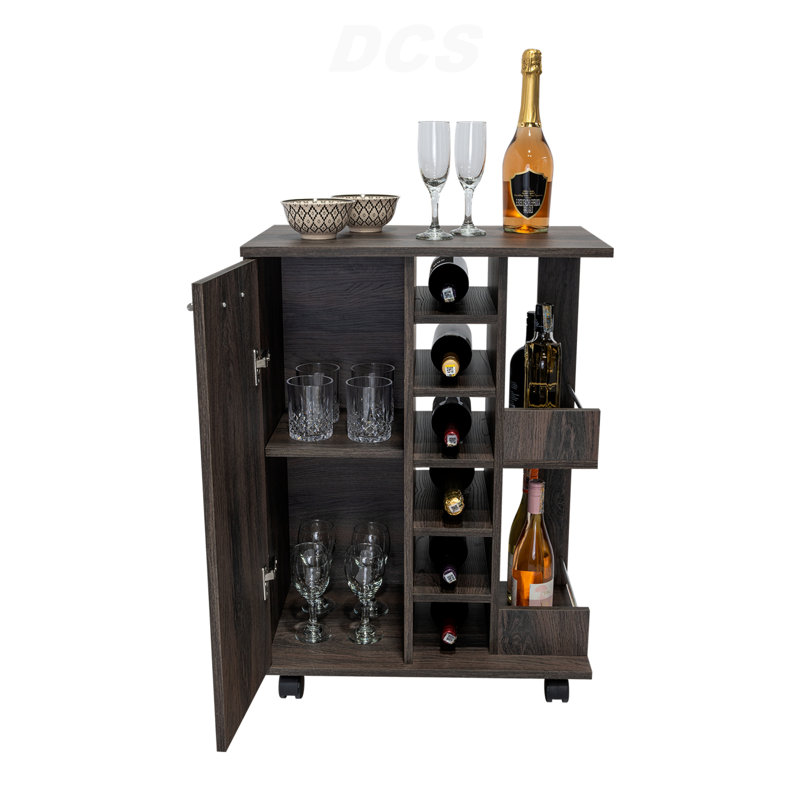Bar Cart, Two External Shelves, Four Casters, Six Built-In Wine Rack, Single Door Cabinet -Espresso, Espresso