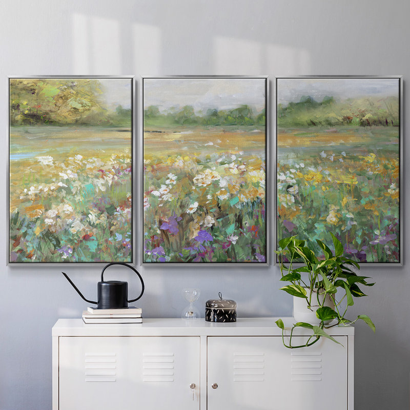 Country Meadow - 3 pièces, reproduction encadrée sur toile, Argent, H 24 po x l 48 po x P 2 po