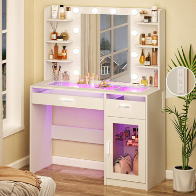 Bureau de meuble-lavabo avec miroir et lumières, bureau de maquillage avec lumières 3 couleurs, meuble-lavabo transparent avec 2 tiroirs RVB, 6 tablettes, grande armoire trempée, prise de courant, pour chambre à coucher, blanc